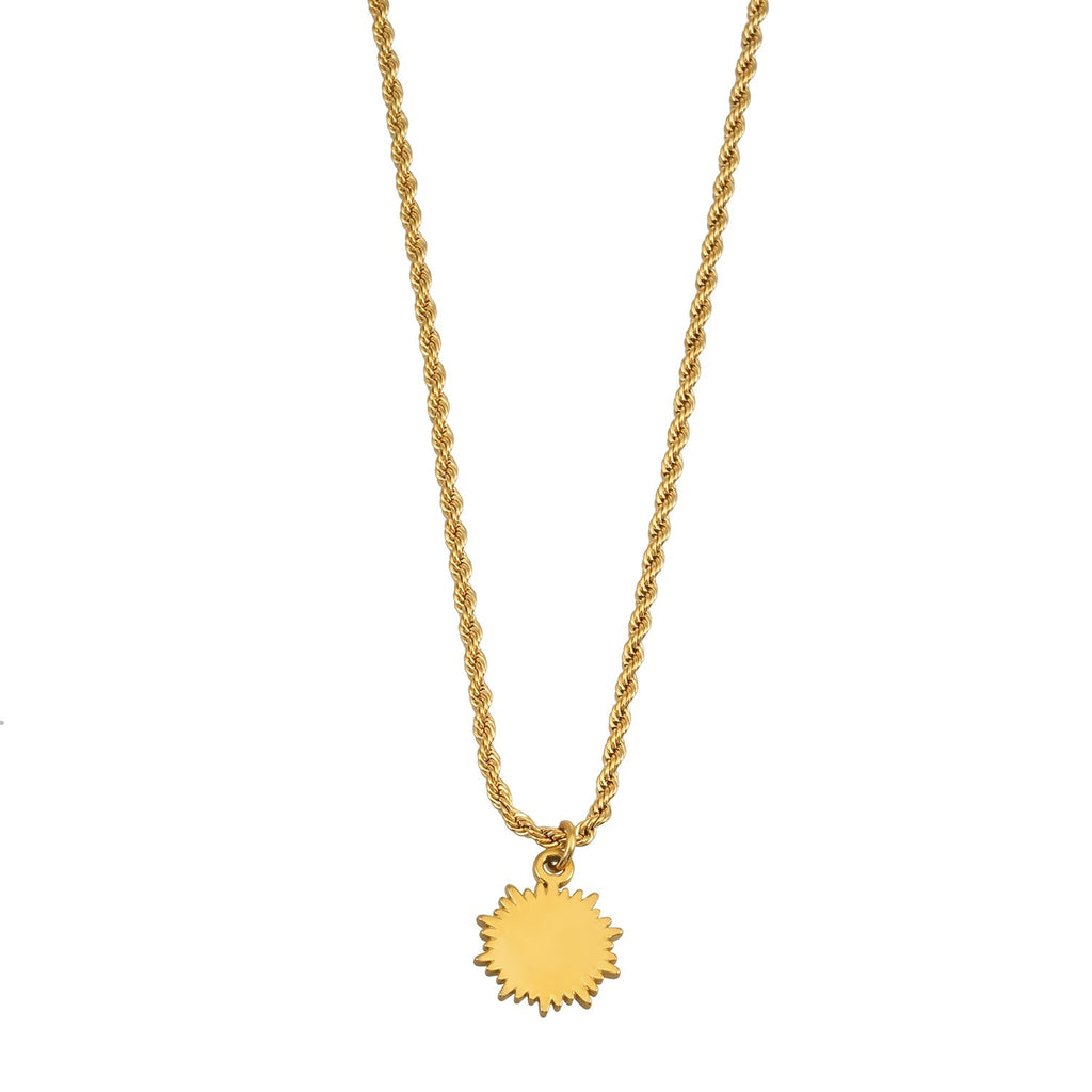 ISA Gold: Rope Chain Necklace with Pavé Zirconia Radiant Sun Pendant - MacroPanora
