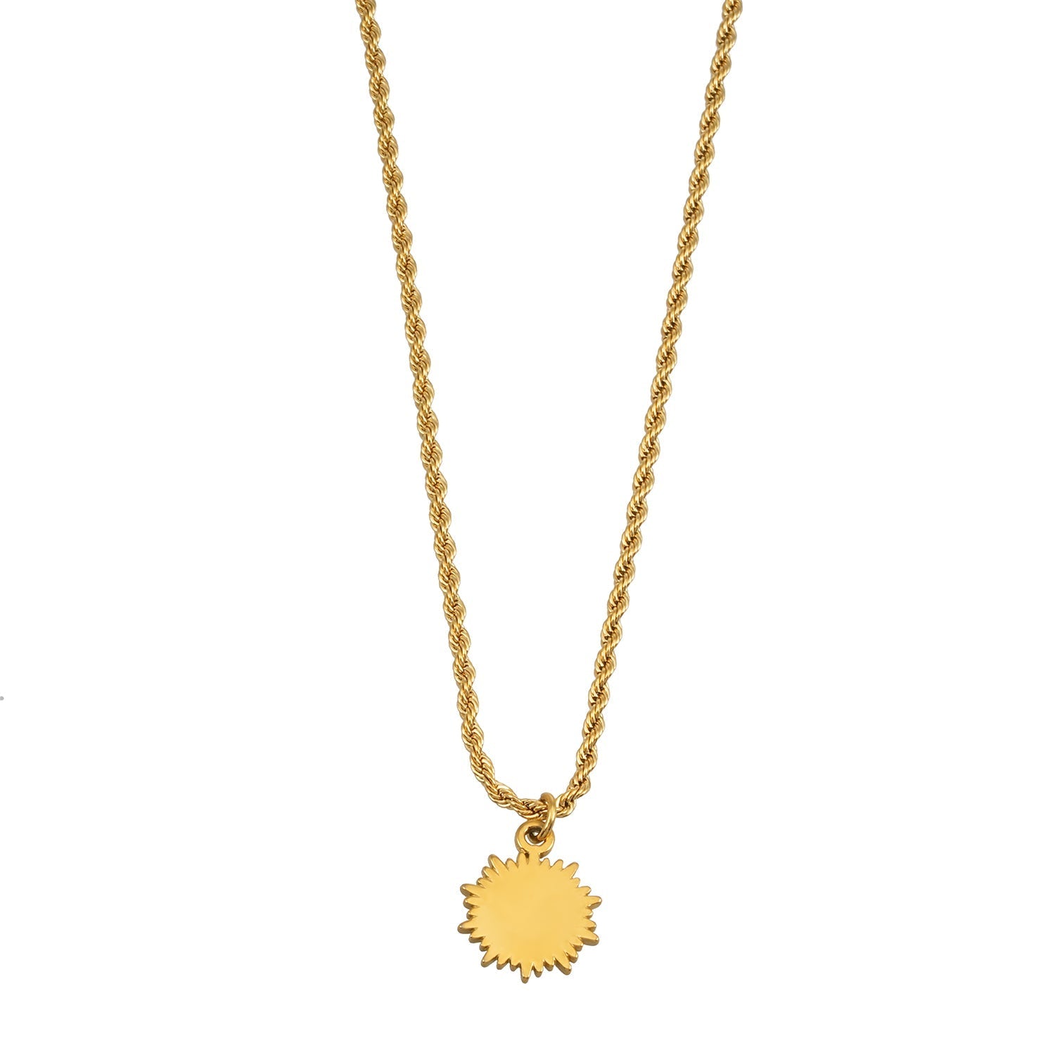ISA Gold: Rope Chain Necklace with Pavé Zirconia Radiant Sun Pendant - MacroPanora