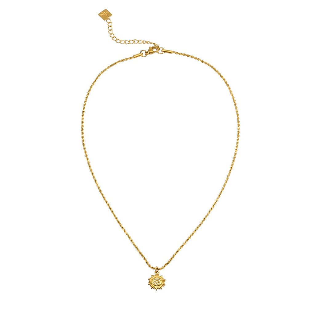 ISA Gold: Rope Chain Necklace with Pavé Zirconia Radiant Sun Pendant - MacroPanora
