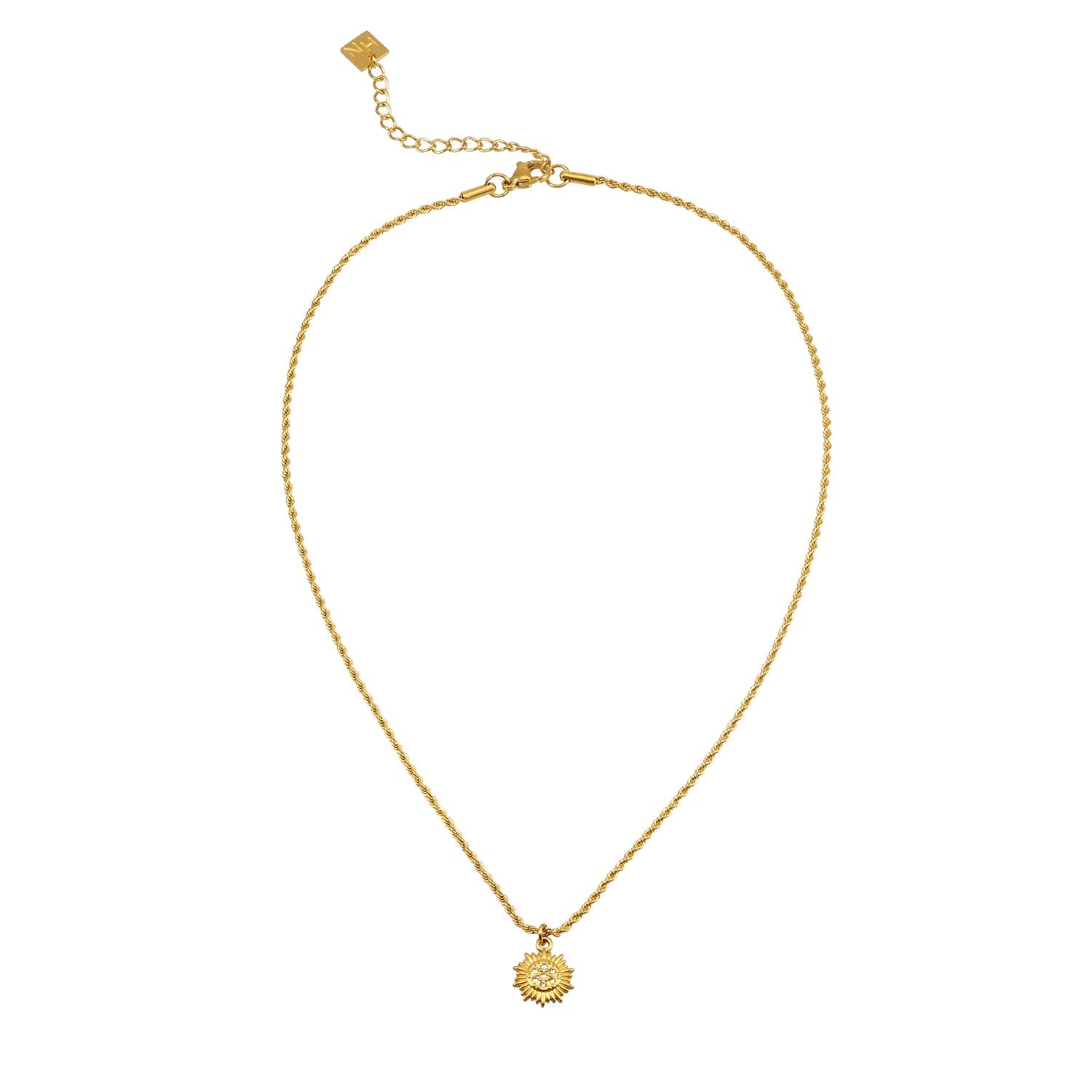 ISA Gold: Rope Chain Necklace with Pavé Zirconia Radiant Sun Pendant - MacroPanora