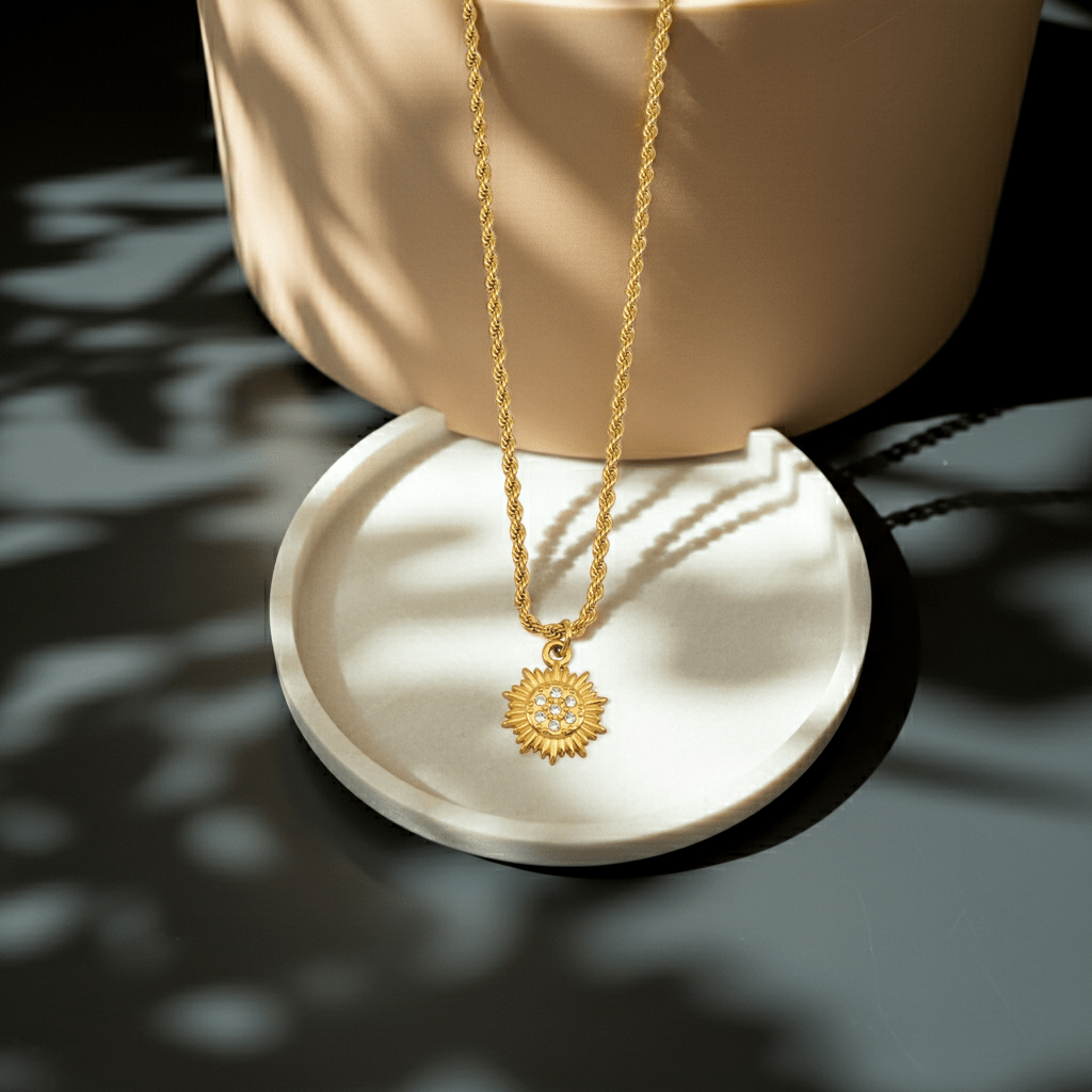 ISA Gold: Rope Chain Necklace with Pavé Zirconia Radiant Sun Pendant - MacroPanora