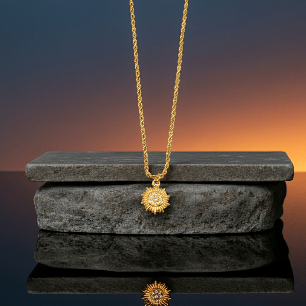 ISA Gold: Rope Chain Necklace with Pavé Zirconia Radiant Sun Pendant - MacroPanora