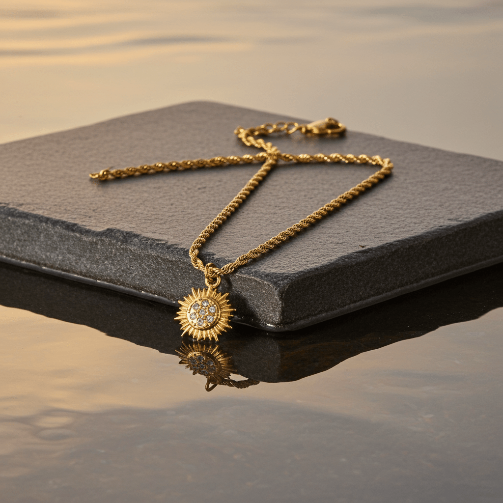 ISA Gold: Rope Chain Necklace with Pavé Zirconia Radiant Sun Pendant - MacroPanora