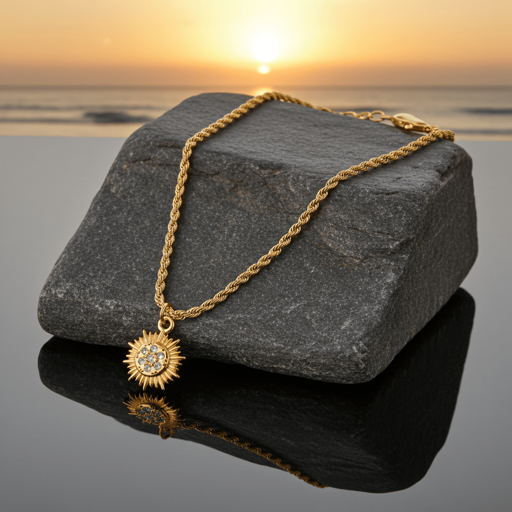 ISA Gold: Rope Chain Necklace with Pavé Zirconia Radiant Sun Pendant - MacroPanora