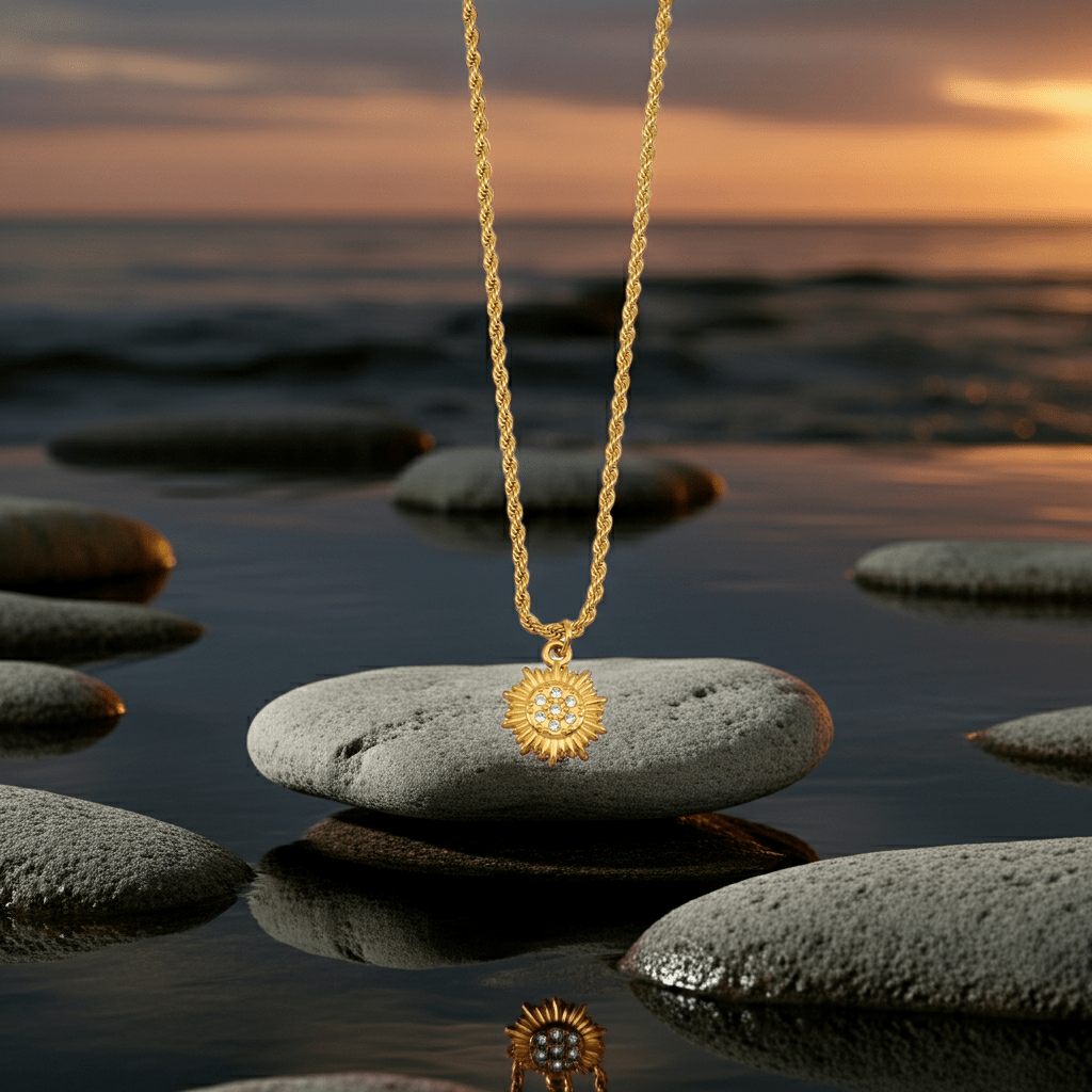 ISA Gold: Rope Chain Necklace with Pavé Zirconia Radiant Sun Pendant - MacroPanora