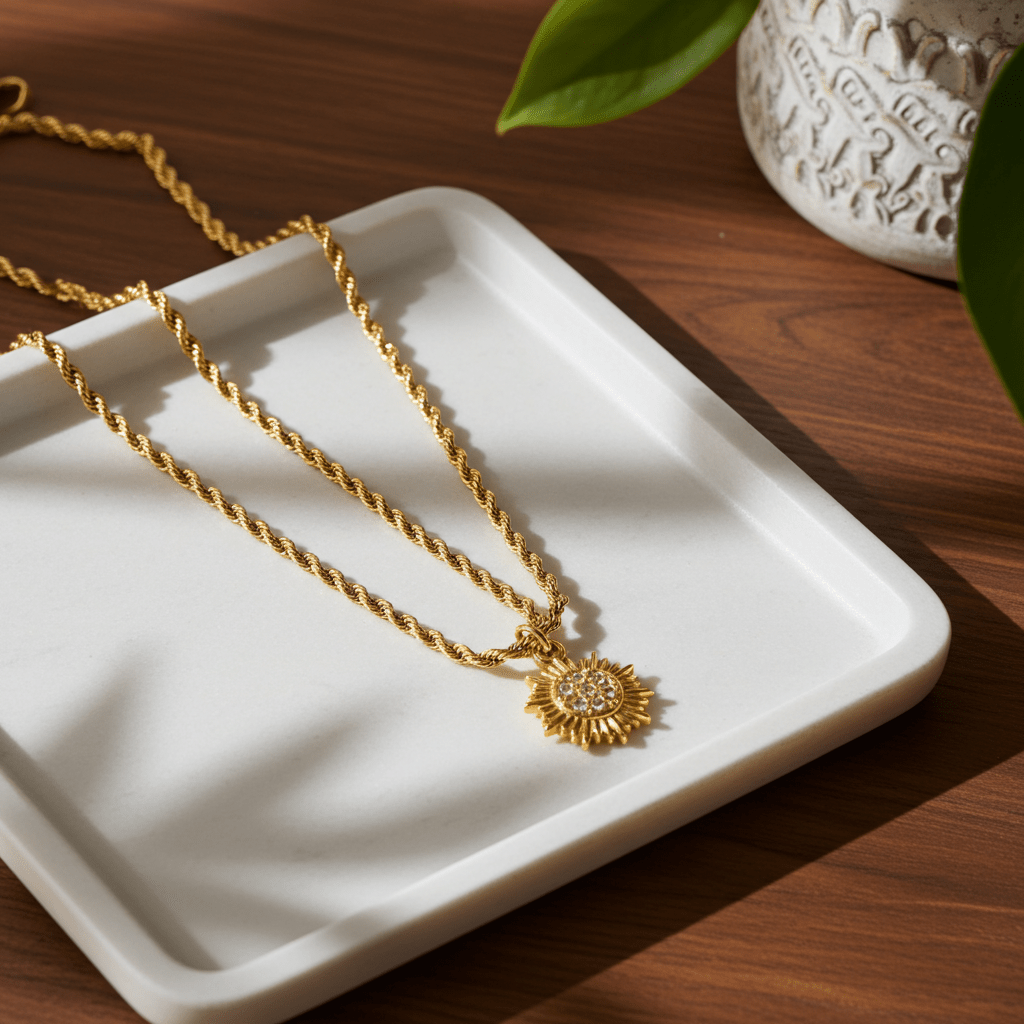 ISA Gold: Rope Chain Necklace with Pavé Zirconia Radiant Sun Pendant - MacroPanora