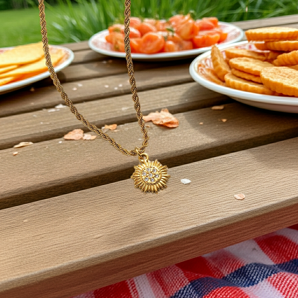 ISA Gold: Rope Chain Necklace with Pavé Zirconia Radiant Sun Pendant - MacroPanora