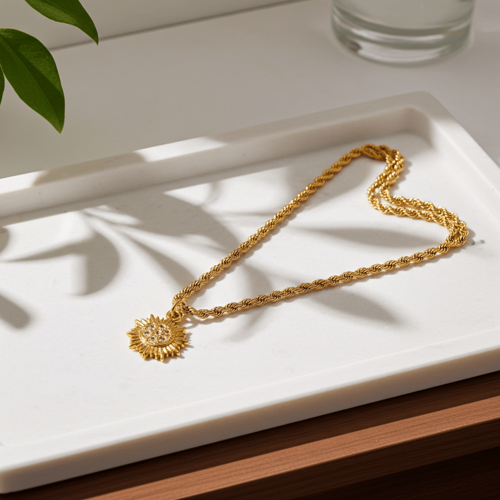ISA Gold: Rope Chain Necklace with Pavé Zirconia Radiant Sun Pendant - MacroPanora