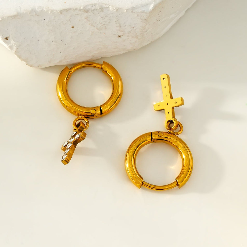 ISTEN Gold: Mini Hoop Earrings with Pavé Zirconia Cross - MacroPanora