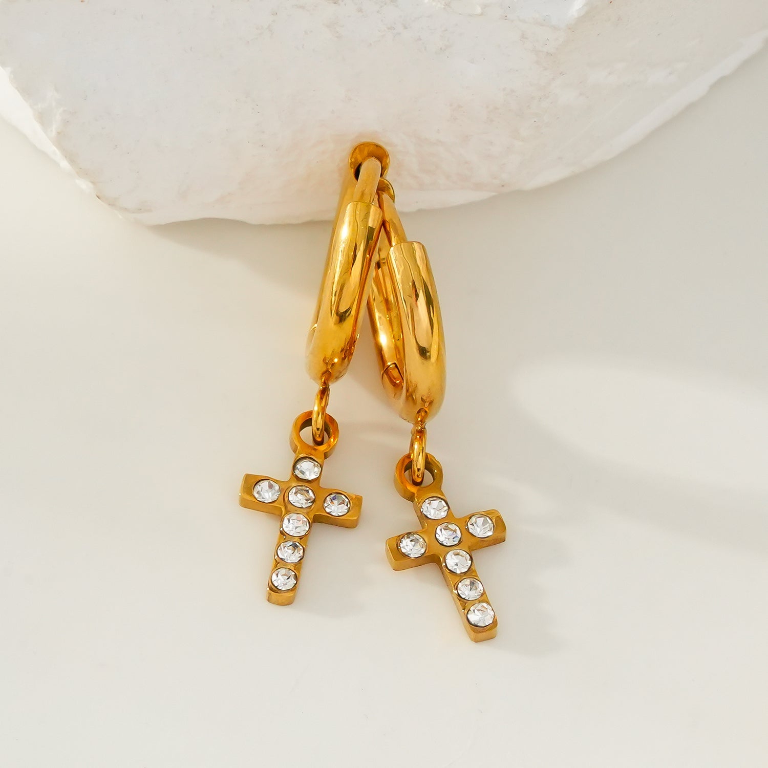 ISTEN Gold: Mini Hoop Earrings with Pavé Zirconia Cross - MacroPanora