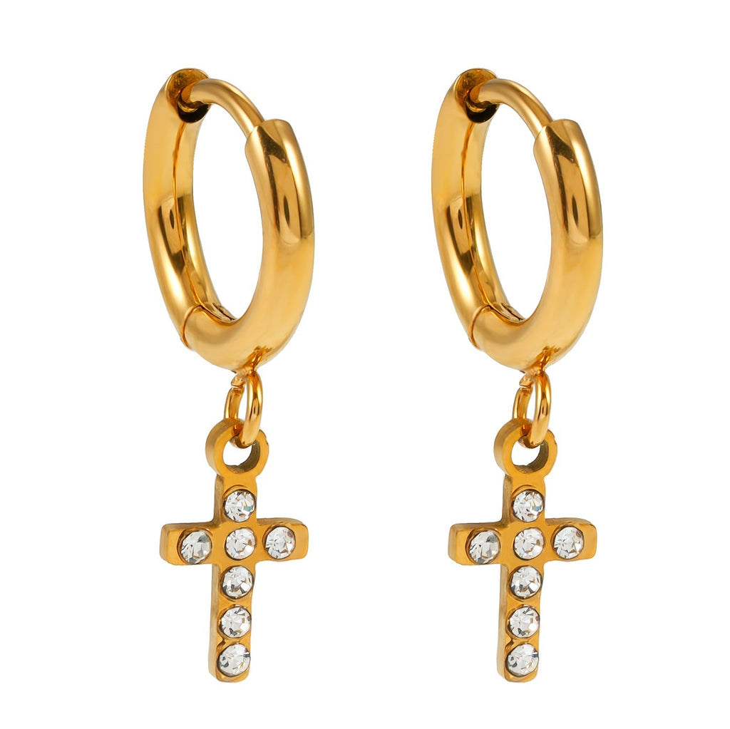 ISTEN Gold: Mini Hoop Earrings with Pavé Zirconia Cross - MacroPanora
