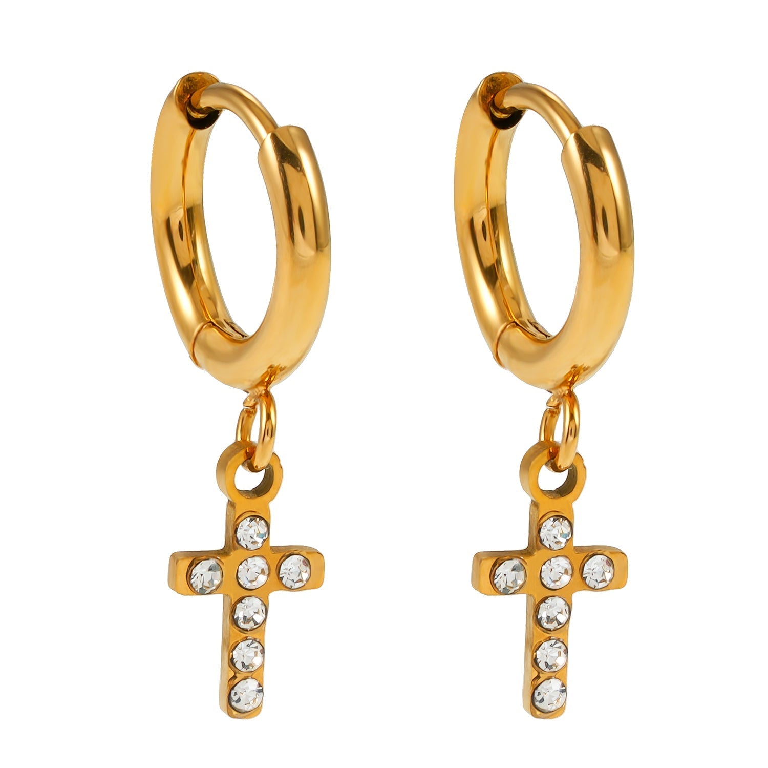 ISTEN Gold: Mini Hoop Earrings with Pavé Zirconia Cross - MacroPanora