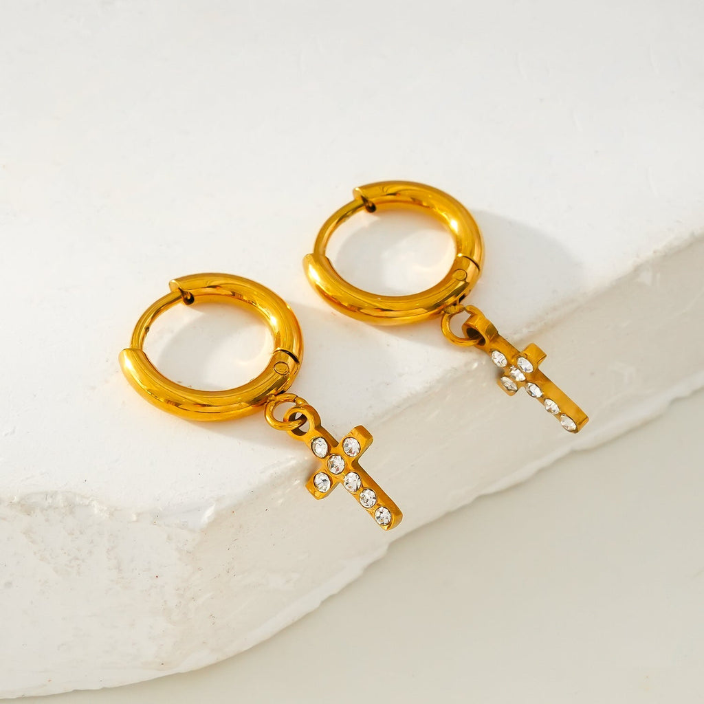 ISTEN Gold: Mini Hoop Earrings with Pavé Zirconia Cross - MacroPanora