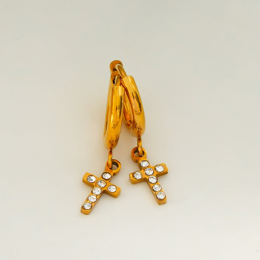 ISTEN Gold: Mini Hoop Earrings with Pavé Zirconia Cross - MacroPanora