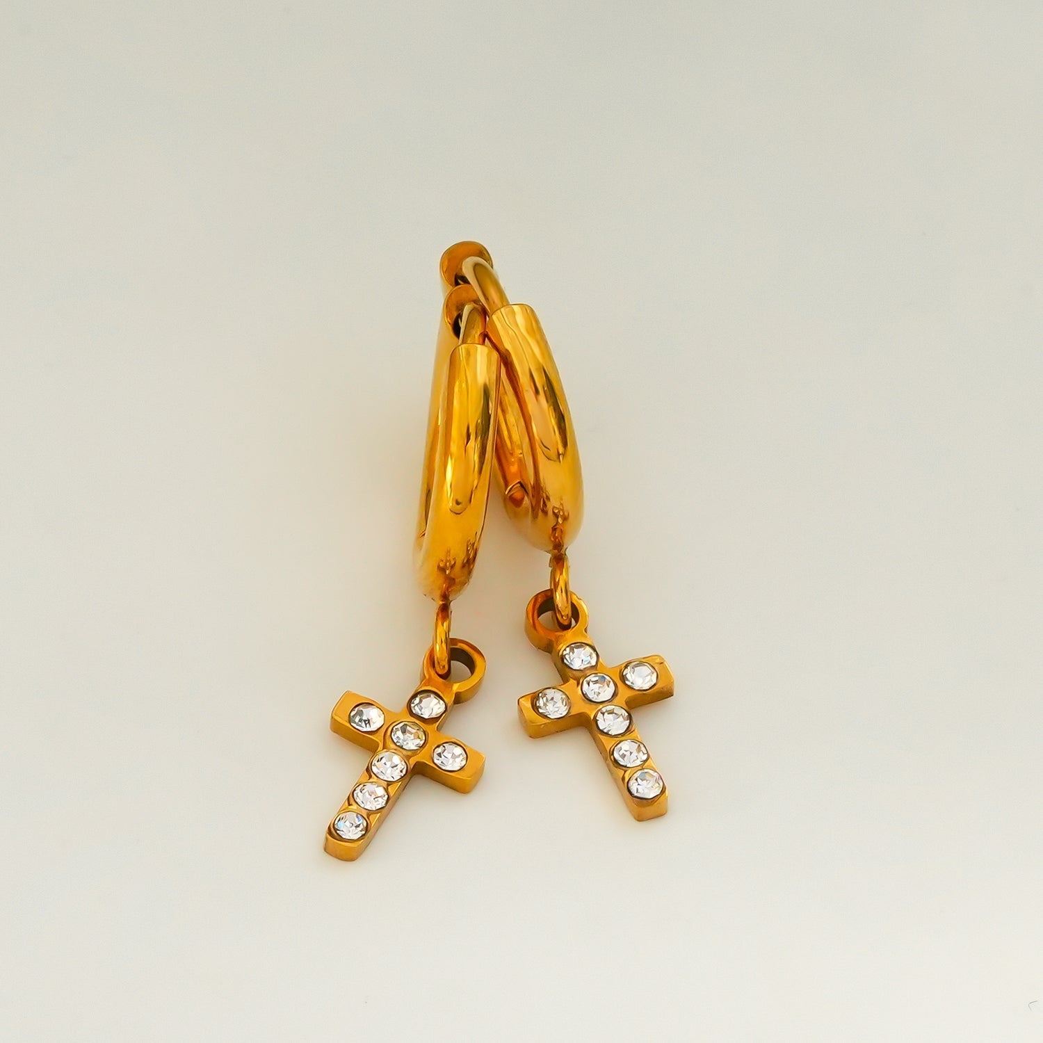 ISTEN Gold: Mini Hoop Earrings with Pavé Zirconia Cross - MacroPanora