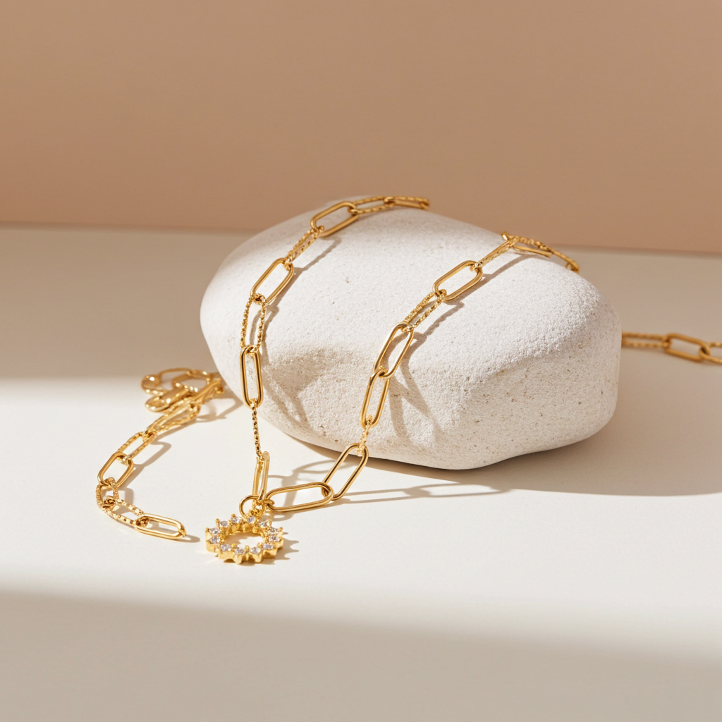 FRETTA: Radiant Star Shaped Pendant Zirconia Paper-Clip Chain Necklace in Gold.