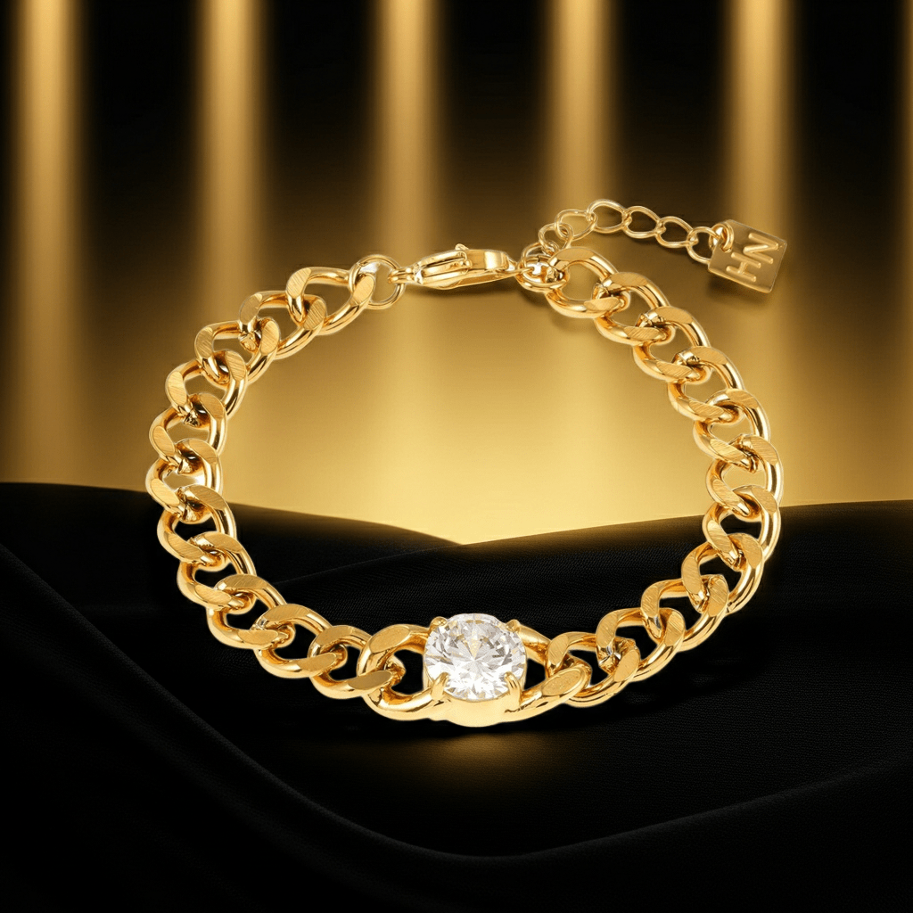 JATDAL Gold: Cuban Link Bracelet with a Dazzling Moissanite Centrepiece - MacroPanora