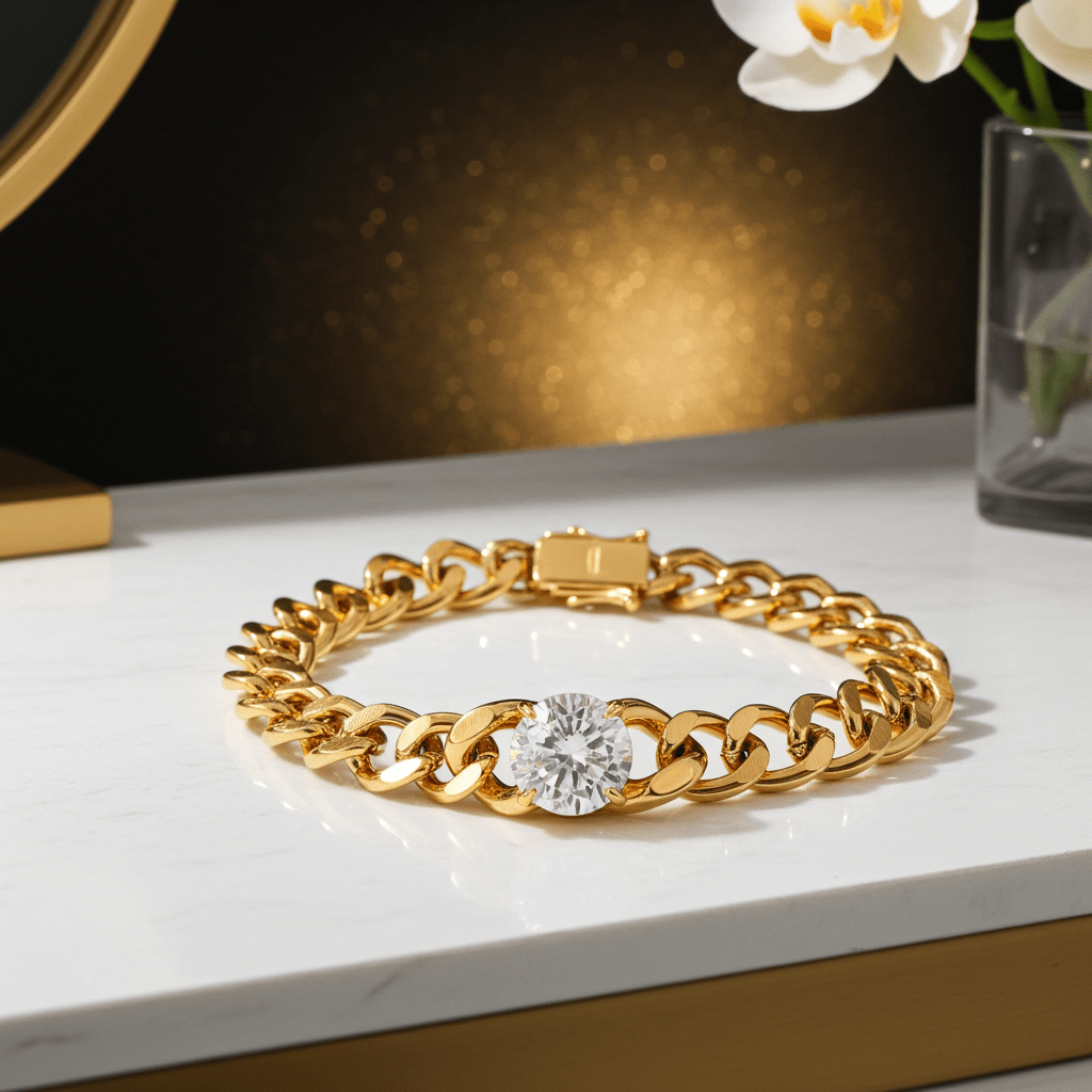 JATDAL Gold: Cuban Link Bracelet with a Dazzling Moissanite Centrepiece - MacroPanora