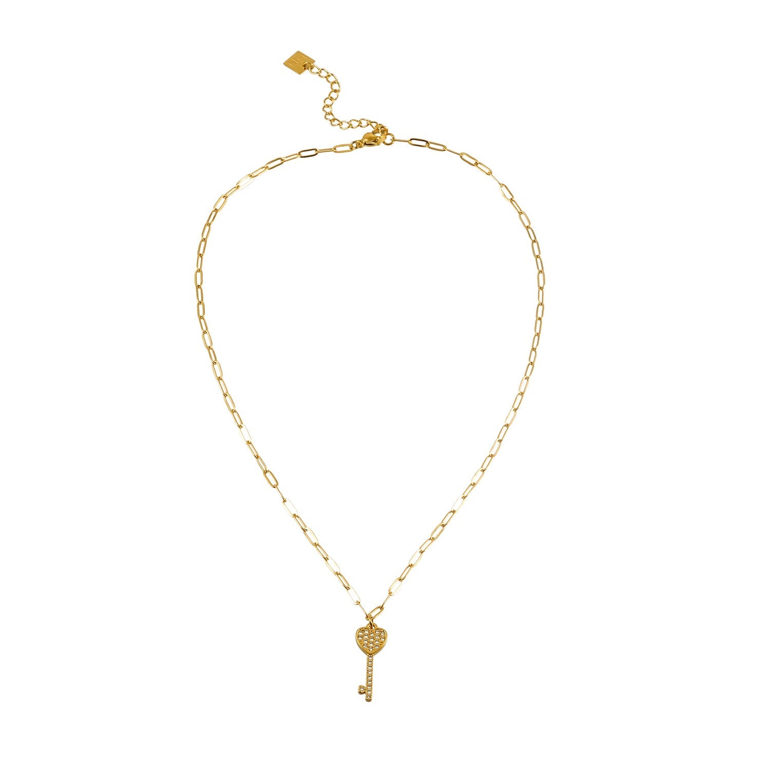 JAZRINA Gold: Pavé Key & Heart Pendant on a Paper Clip Chain Necklace - MacroPanora