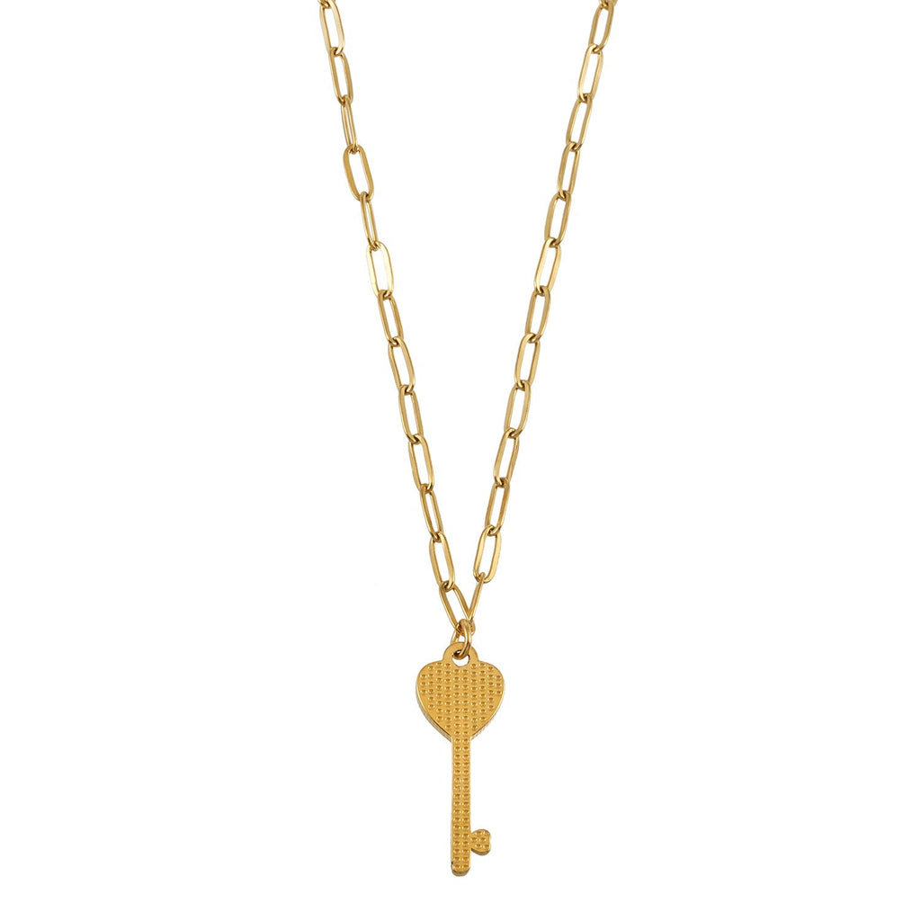 JAZRINA Gold: Pavé Key & Heart Pendant on a Paper Clip Chain Necklace - MacroPanora