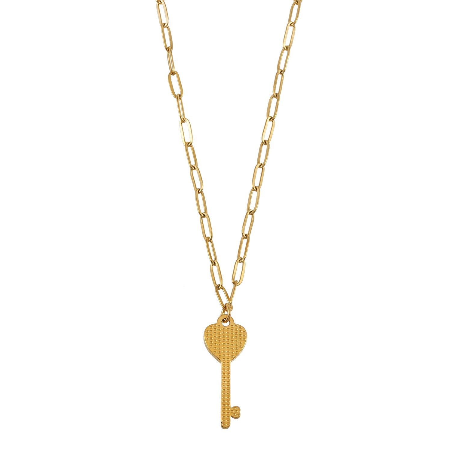 JAZRINA Gold: Pavé Key & Heart Pendant on a Paper Clip Chain Necklace - MacroPanora