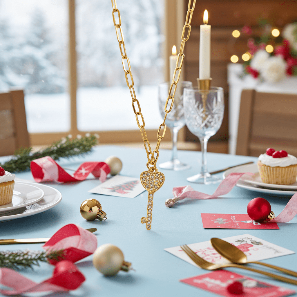 JAZRINA Gold: Pavé Key & Heart Pendant on a Paper Clip Chain Necklace - MacroPanora