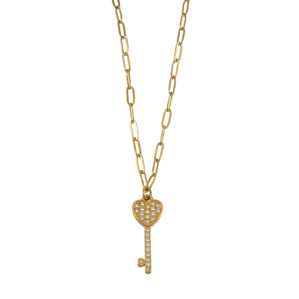 JAZRINA Gold: Pavé Key & Heart Pendant on a Paper Clip Chain Necklace - MacroPanora