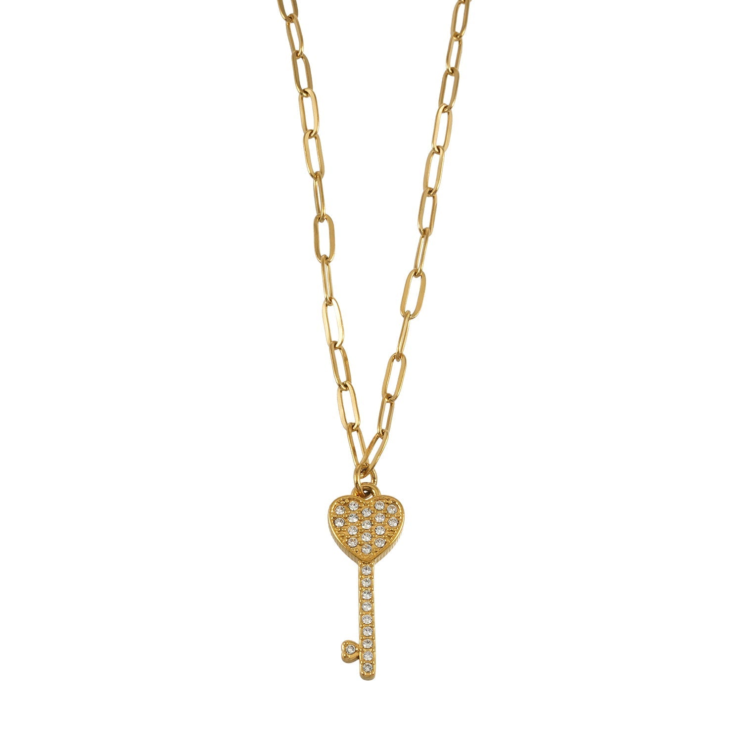 JAZRINA Gold: Pavé Key & Heart Pendant on a Paper Clip Chain Necklace - MacroPanora