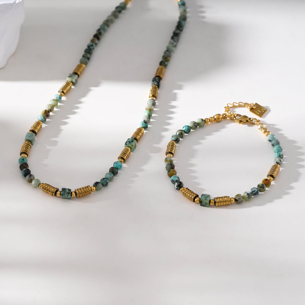JEMIMA: African Turquoise Stones and Gold Beaded Bracelet - MacroPanora