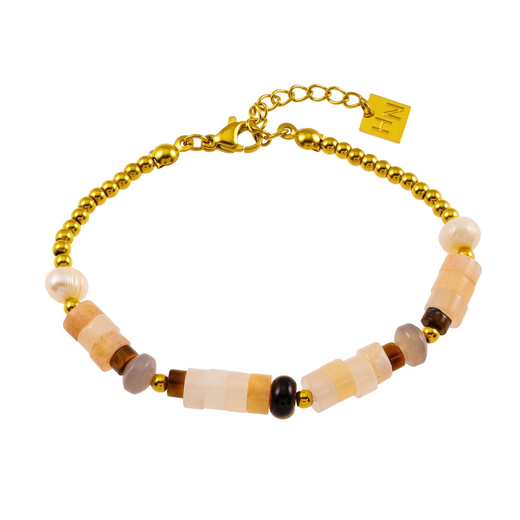 JERASA: Chalcedony Stones, Fresh Water Pearls & Gold Ball - Beaded Bracelet. - MacroPanora