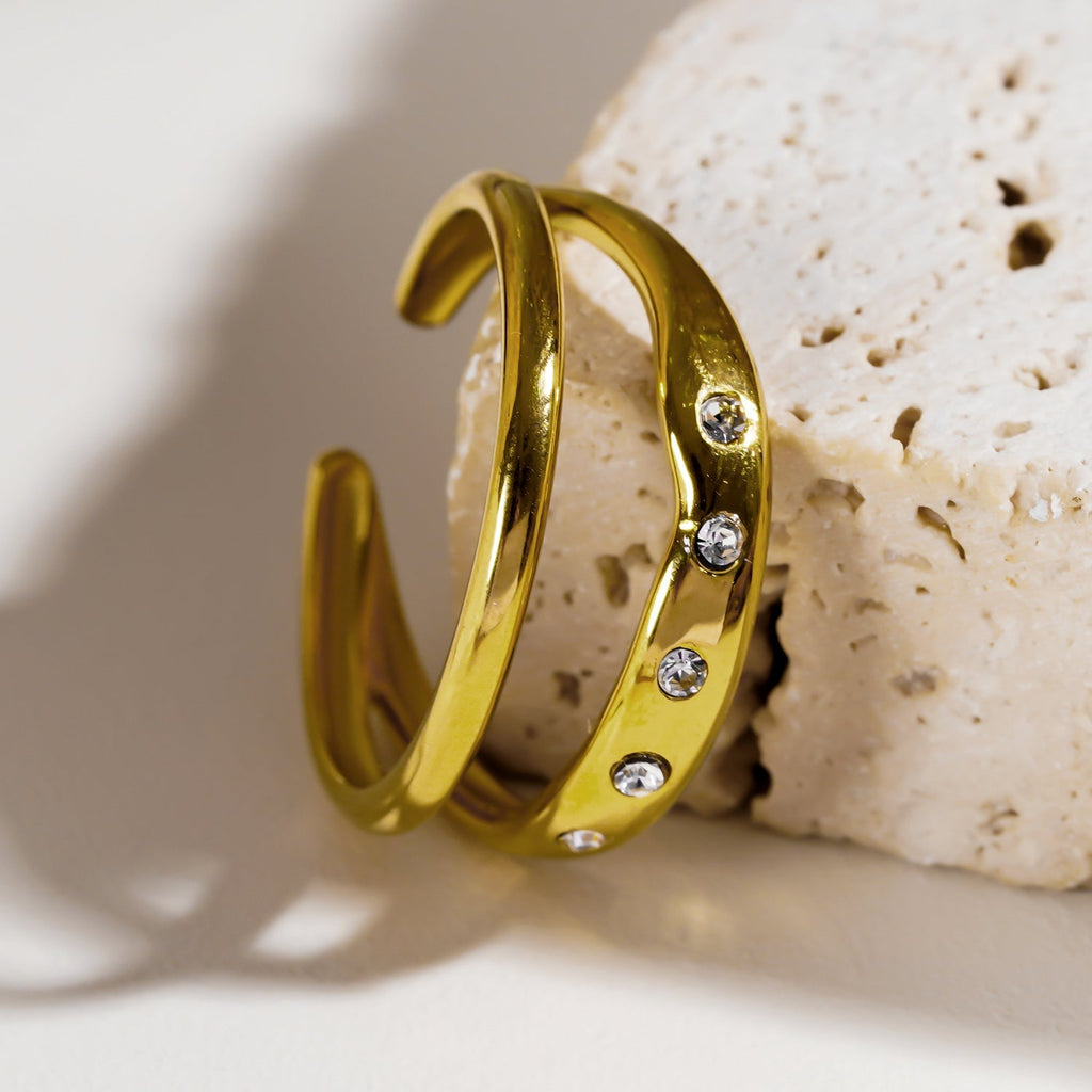 JORYA: Double Banded Zirconia Embellished Ring - MacroPanora