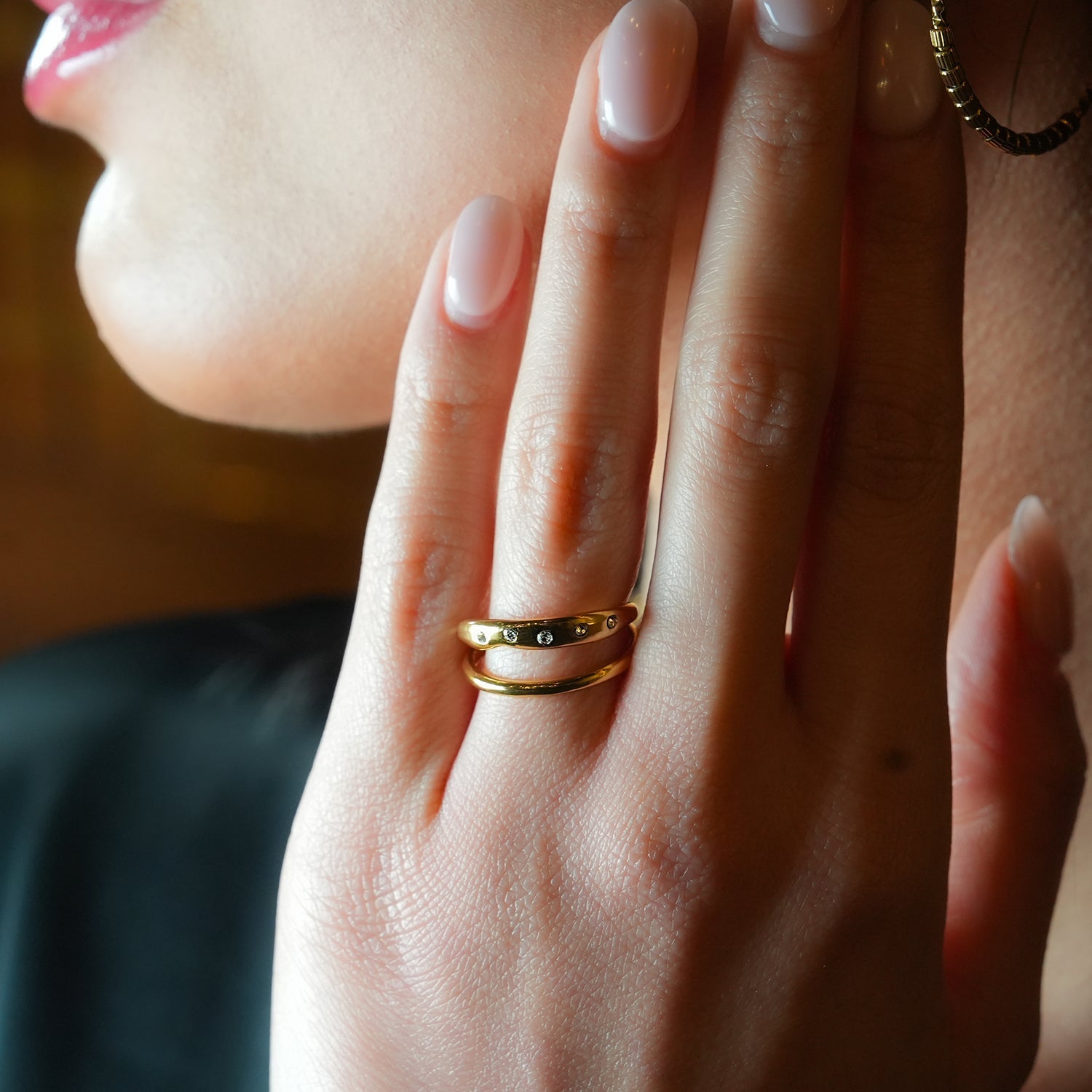 JORYA: Double Banded Zirconia Embellished Ring - MacroPanora