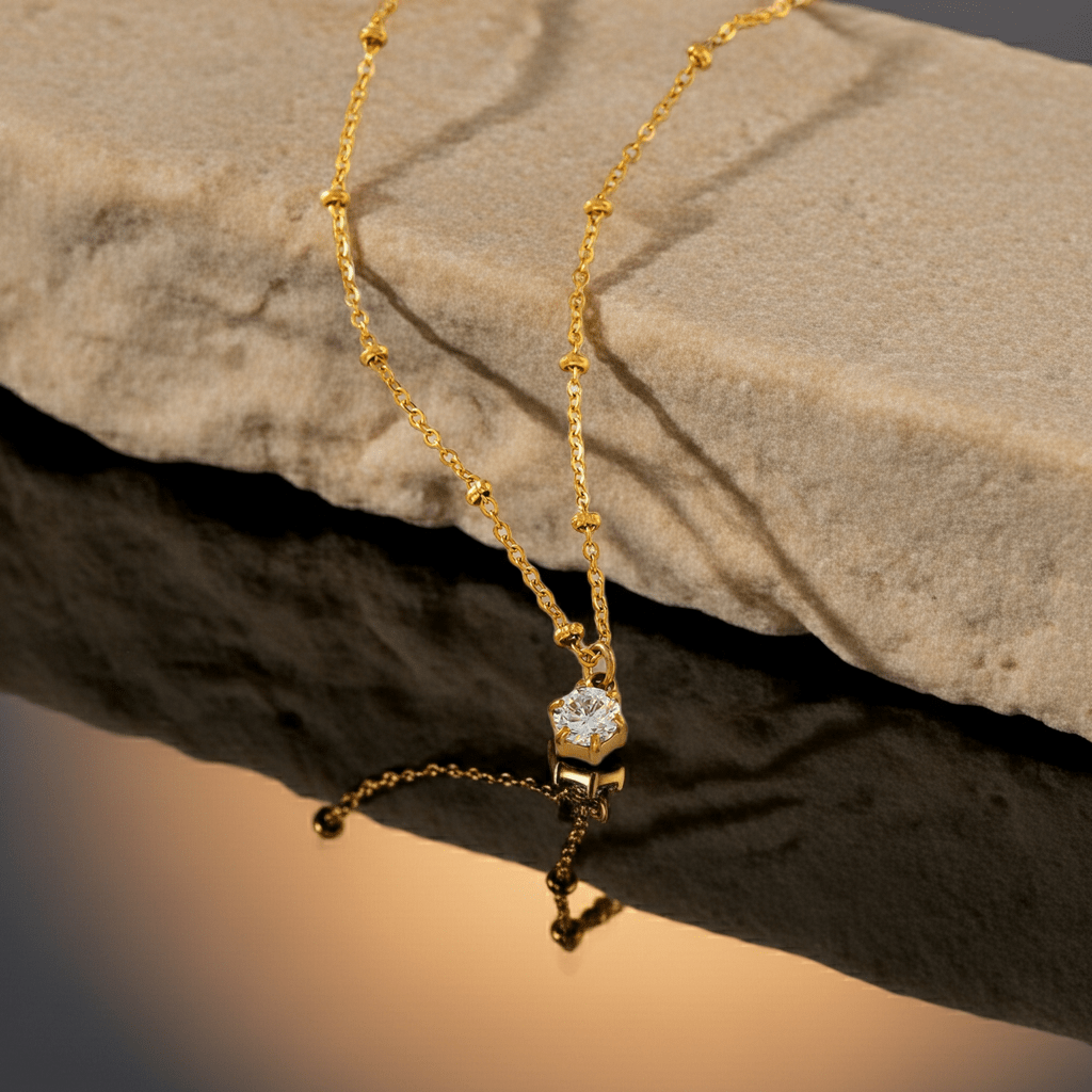 KADIRI Gold: Solitaire Zirconia Charm Pendant on a Beaded Chain Necklace - MacroPanora