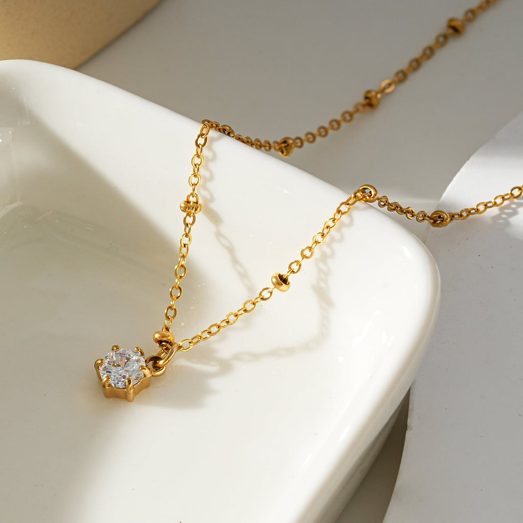 KADIRI Gold: Solitaire Zirconia Charm Pendant on a Beaded Chain Necklace - MacroPanora