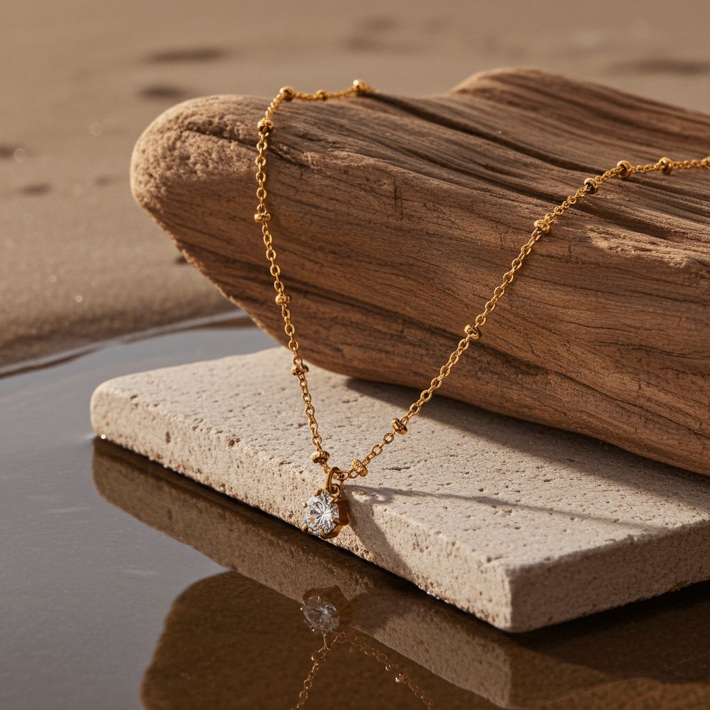 KADIRI Gold: Solitaire Zirconia Charm Pendant on a Beaded Chain Necklace - MacroPanora