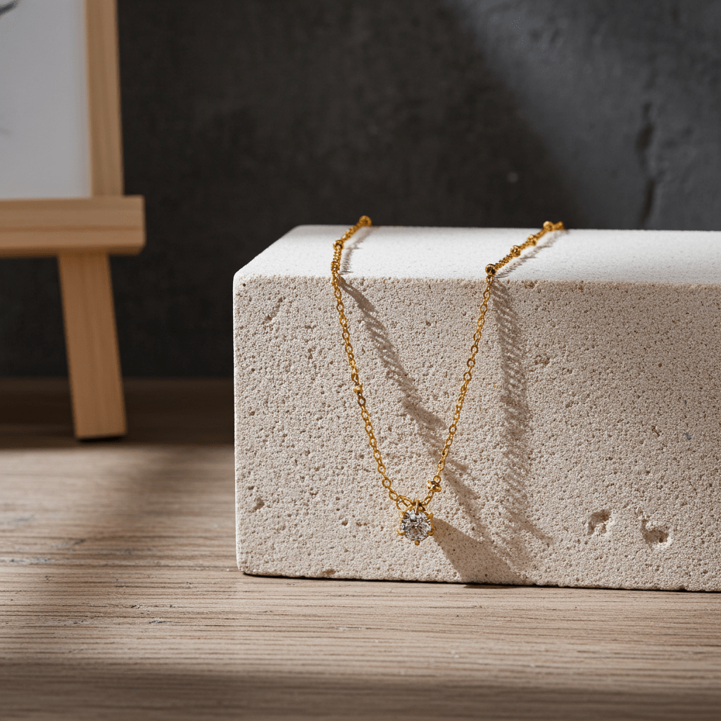 KADIRI Gold: Solitaire Zirconia Charm Pendant on a Beaded Chain Necklace - MacroPanora