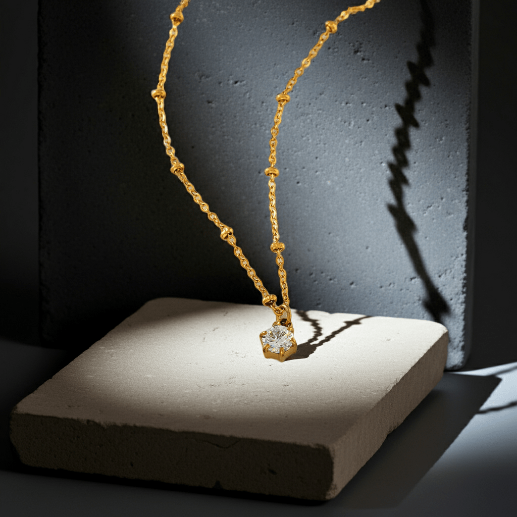 KADIRI Gold: Solitaire Zirconia Charm Pendant on a Beaded Chain Necklace - MacroPanora