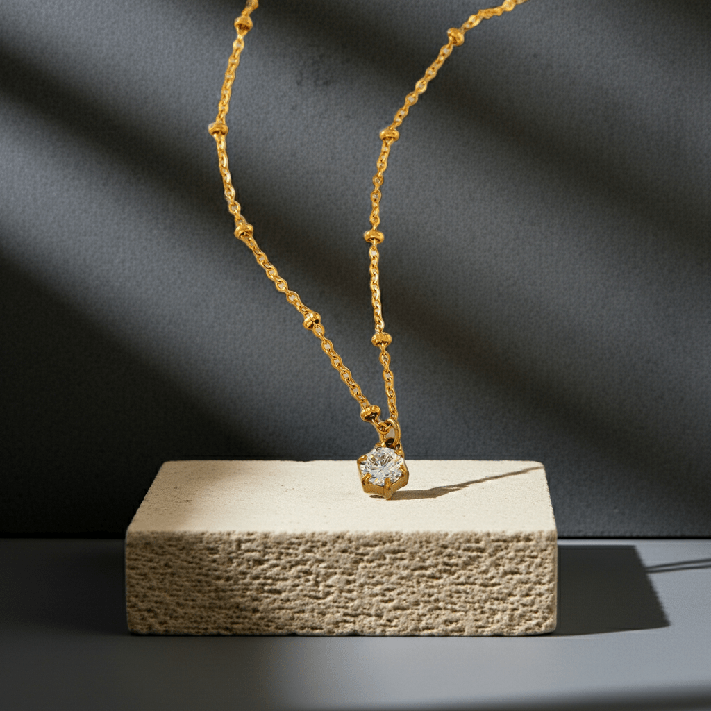 KADIRI Gold: Solitaire Zirconia Charm Pendant on a Beaded Chain Necklace - MacroPanora