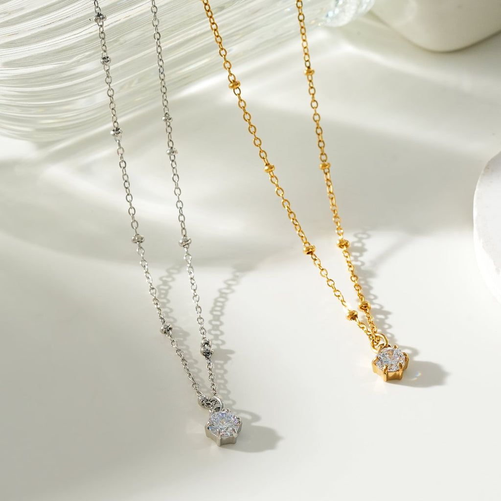 KADIRI Gold: Solitaire Zirconia Charm Pendant on a Beaded Chain Necklace - MacroPanora