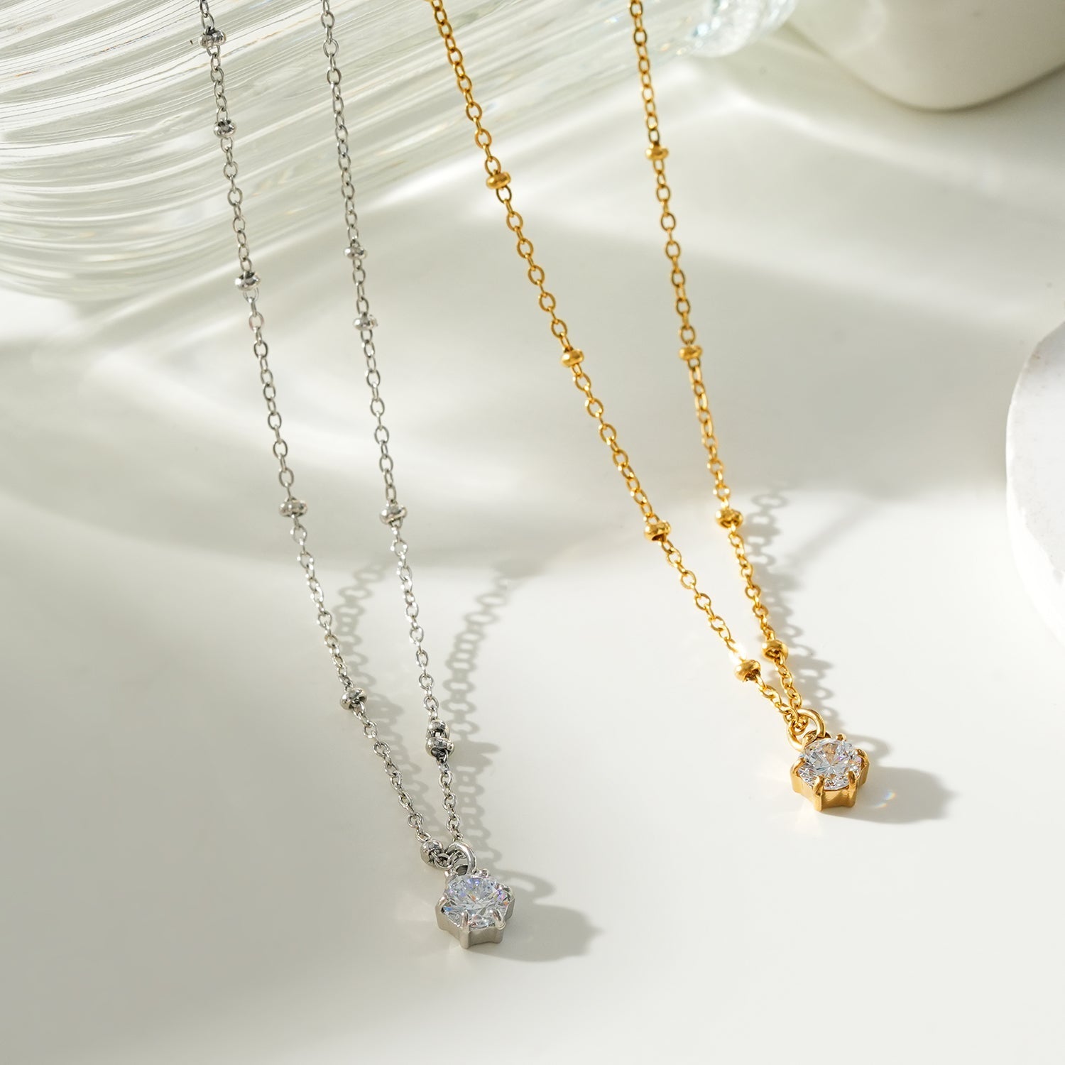 KADIRI Gold: Solitaire Zirconia Charm Pendant on a Beaded Chain Necklace - MacroPanora
