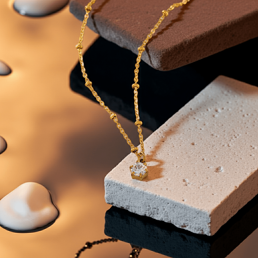 KADIRI Gold: Solitaire Zirconia Charm Pendant on a Beaded Chain Necklace - MacroPanora