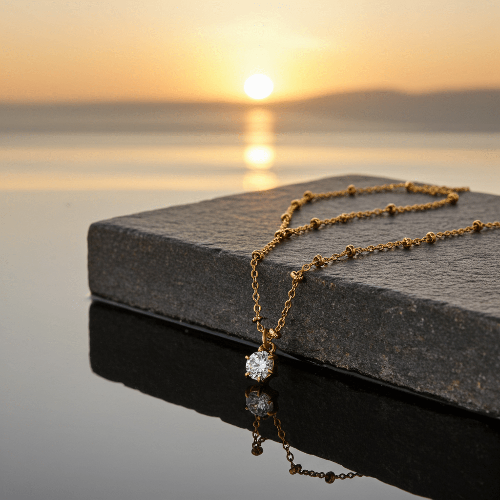 KADIRI Gold: Solitaire Zirconia Charm Pendant on a Beaded Chain Necklace - MacroPanora