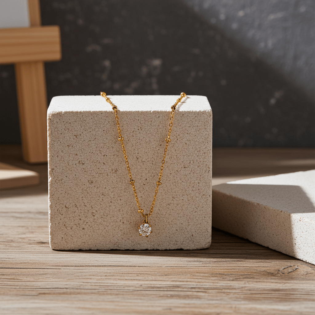 KADIRI Gold: Solitaire Zirconia Charm Pendant on a Beaded Chain Necklace - MacroPanora