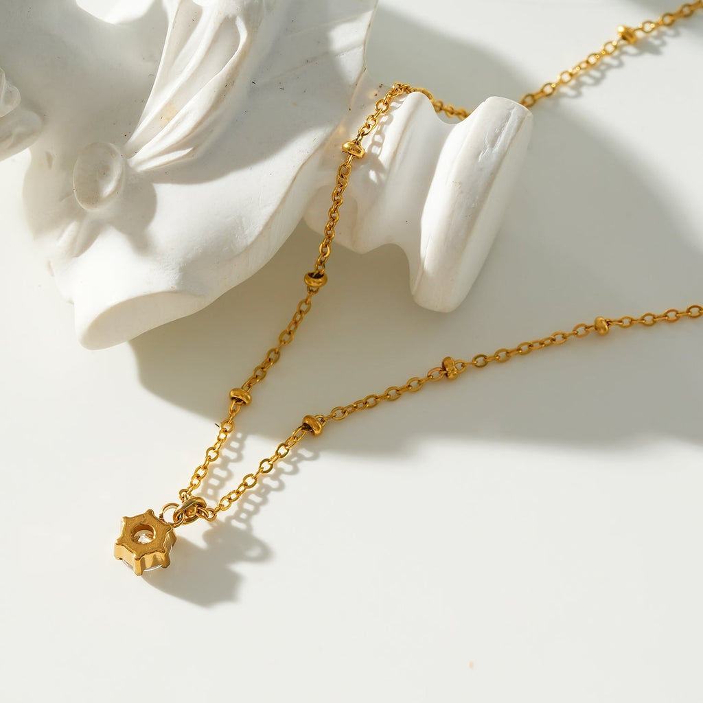 KADIRI Gold: Solitaire Zirconia Charm Pendant on a Beaded Chain Necklace - MacroPanora