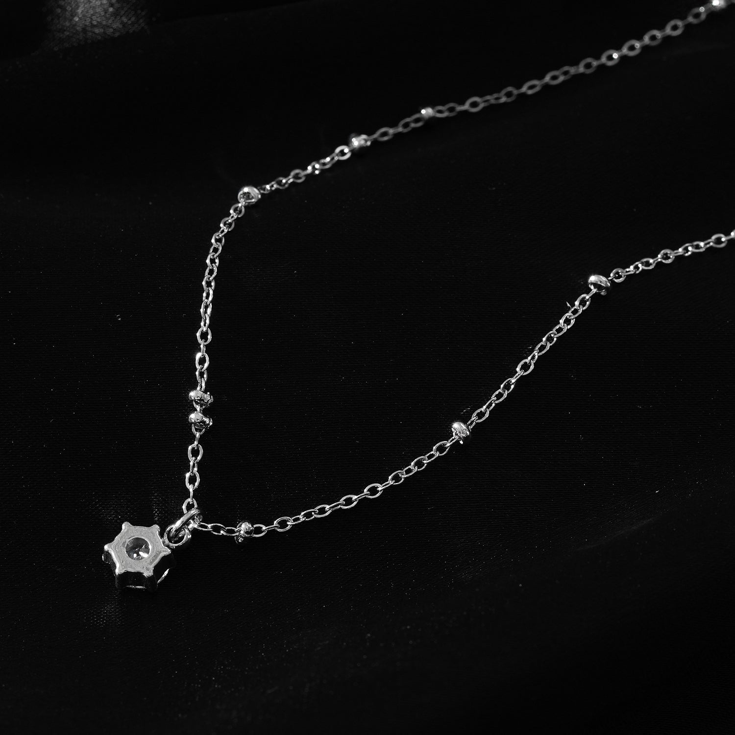 KADIRI Silver: Solitaire Zirconia Charm Pendant on a Beaded Chain Necklace - MacroPanora