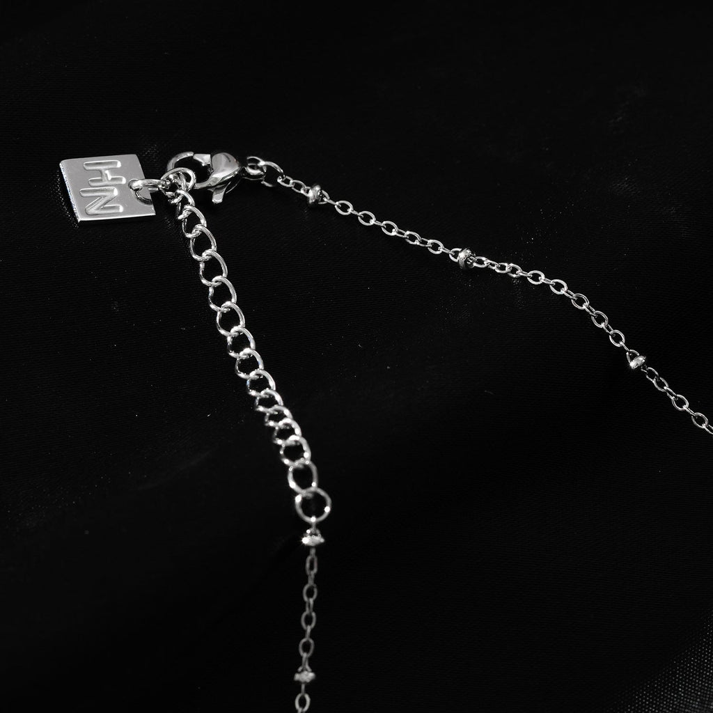 KADIRI Silver: Solitaire Zirconia Charm Pendant on a Beaded Chain Necklace - MacroPanora