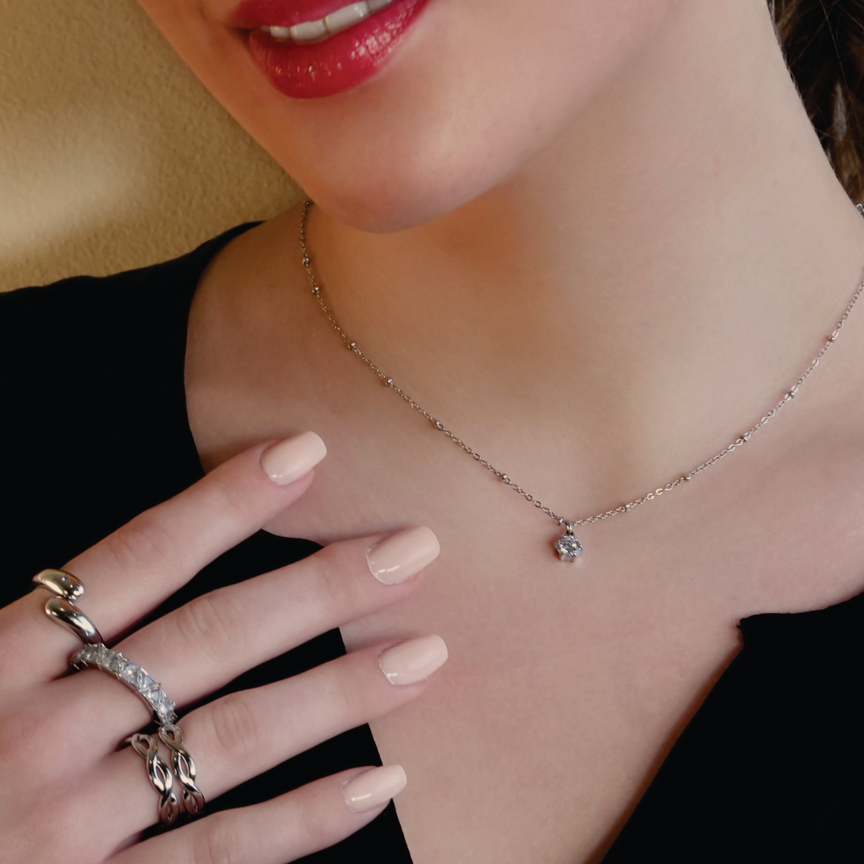 KADIRI Silver: Solitaire Zirconia Charm Pendant on a Beaded Chain Necklace - MacroPanora