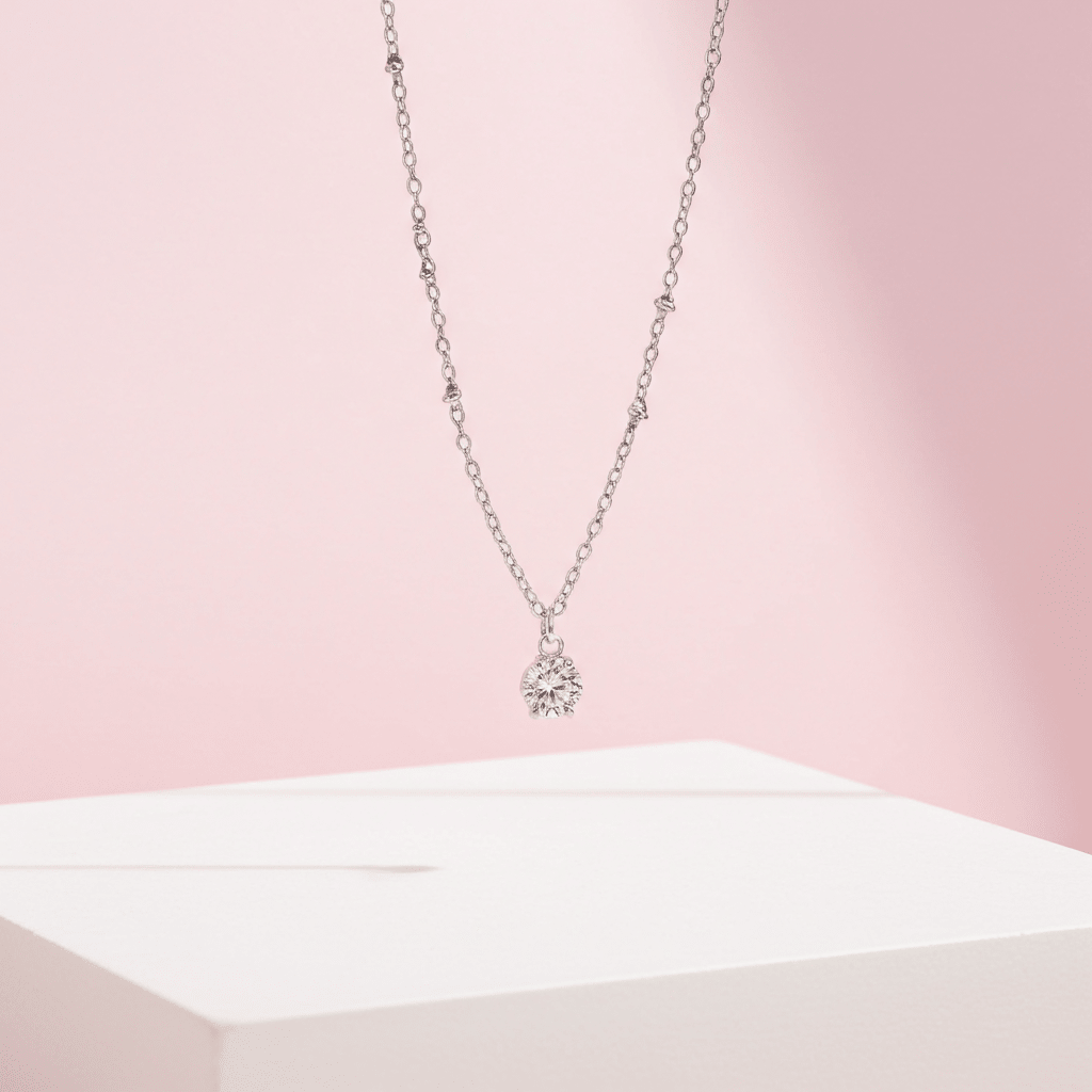 KADIRI Silver: Solitaire Zirconia Charm Pendant on a Beaded Chain Necklace - MacroPanora