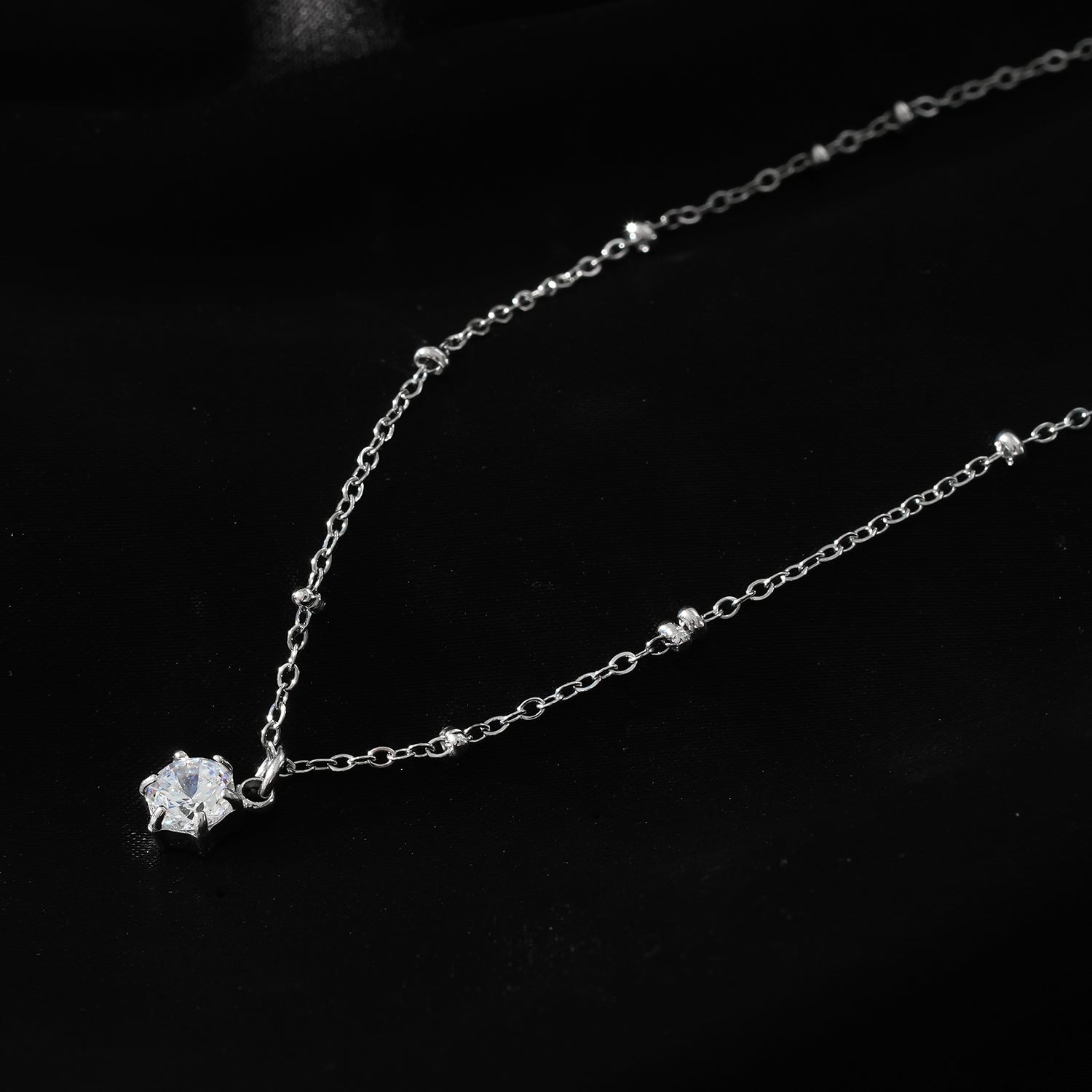 KADIRI Silver: Solitaire Zirconia Charm Pendant on a Beaded Chain Necklace - MacroPanora