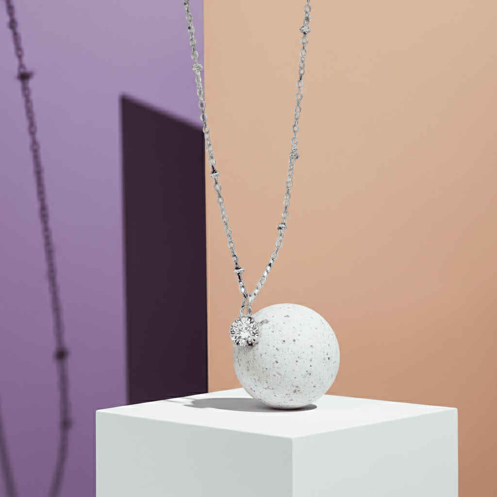 KADIRI Silver: Solitaire Zirconia Charm Pendant on a Beaded Chain Necklace - MacroPanora